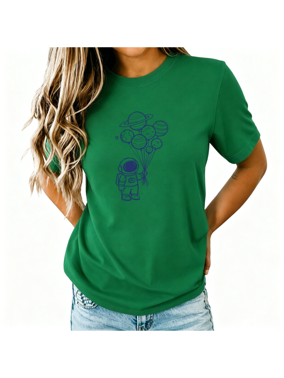 Women's Cute Chibi Astronaut Graphic Tee Cartoon Space Planet Balloons Print Summer Top