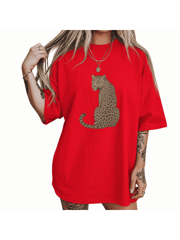 Women's Elegant Leopard Graphic Tee Minimalist Sitting Wild Cat Art Print Casual Summer Top