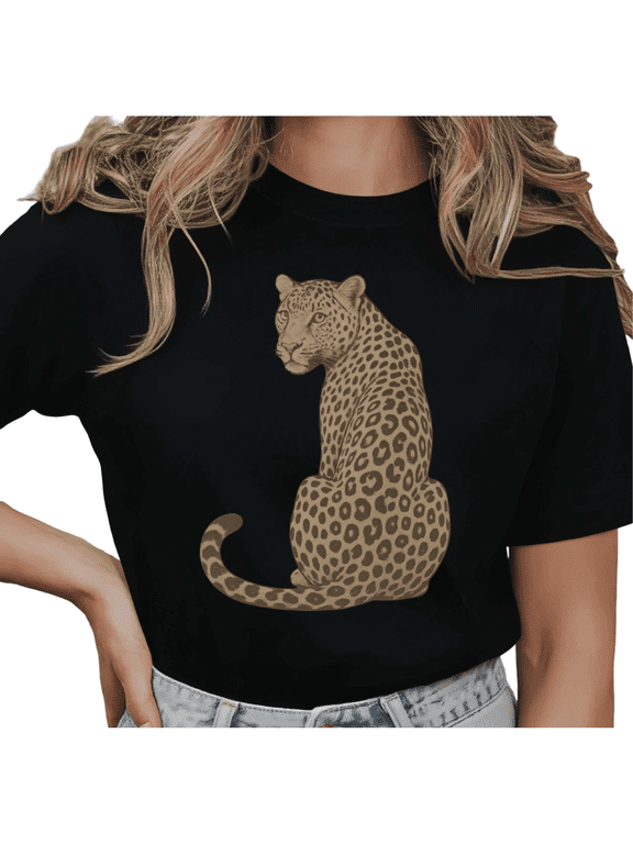 Women's Elegant Leopard Graphic Tee Minimalist Sitting Wild Cat Art Print Casual Summer Top