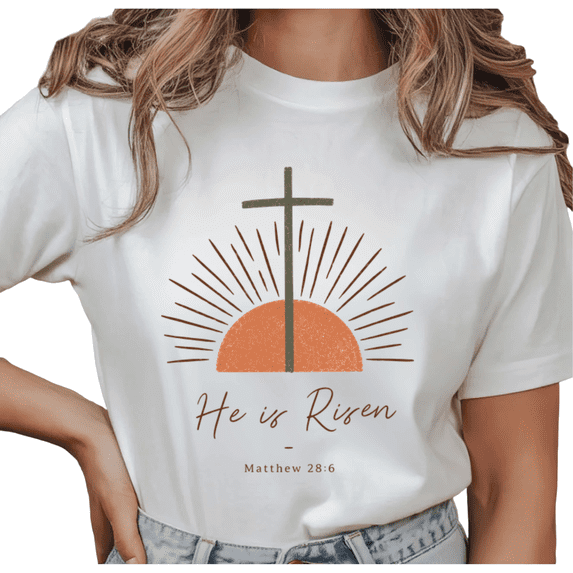 UNISHE Women's He Is Risen Matthew 28:6 Cross Sunset Boho Christian Faith Graphic Short‑Sleeve T‑shirt Relaxed Fit