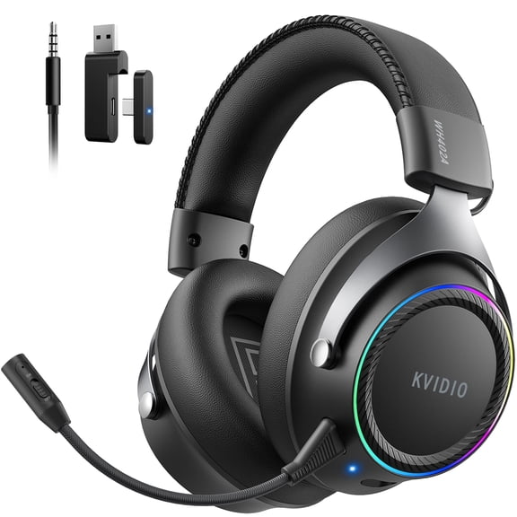 KVIDIO Wireless Gaming headset with 100H Play Time, 2.4GHz USB Gaming Headphones with Mic for PS5, PS4, Switch, PC, Mobile, Laptop, Black