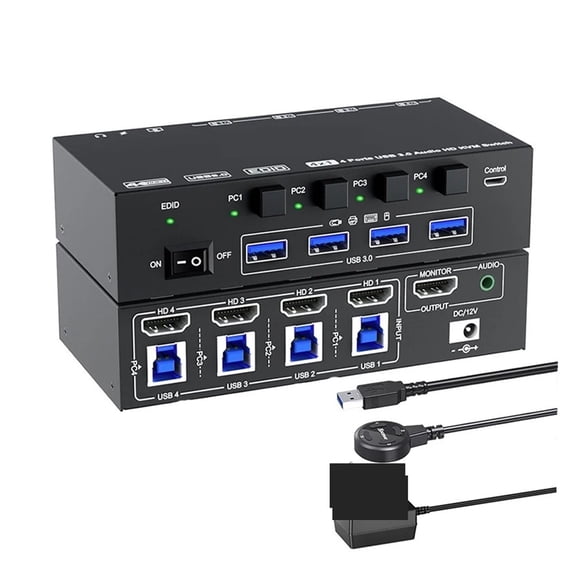KVM Switch 4 Computers 8K60Hz,Simulation EDID, 4K144Hz 4 Port USB3.0 KVM Switch with
