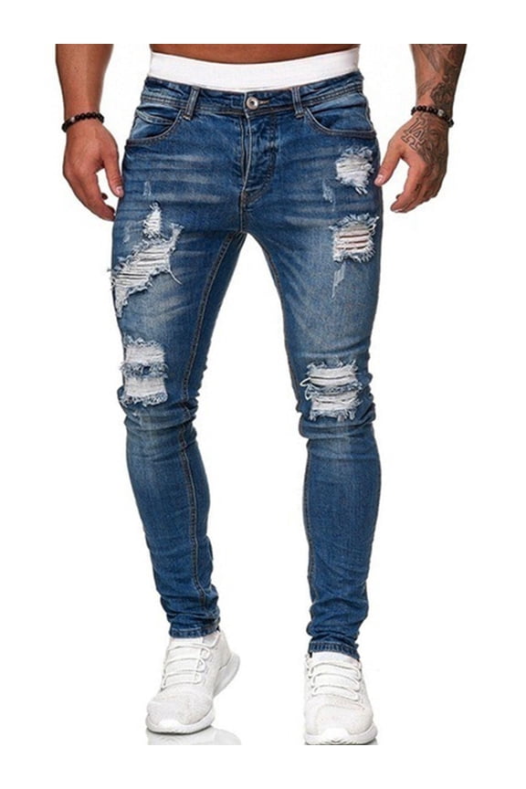 Men Denim Zip Fly Mid Rise Side Pockets Skinny Ripped Jeans