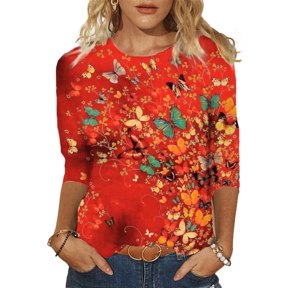 KVMeteor Women Casual 3/4 Sleeve Loose Tunic Tops Round Neck T-Shirt