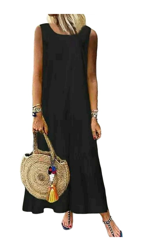 Women Casual Cotton Linen Dress Plain Sleeveless Maxi Long Dress