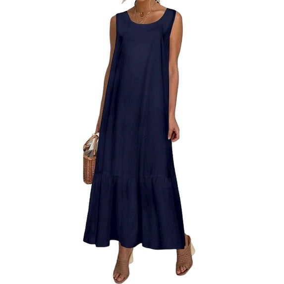 KVMeteor Women Casual Cotton Linen Dress Plain Sleeveless Maxi Long Dress