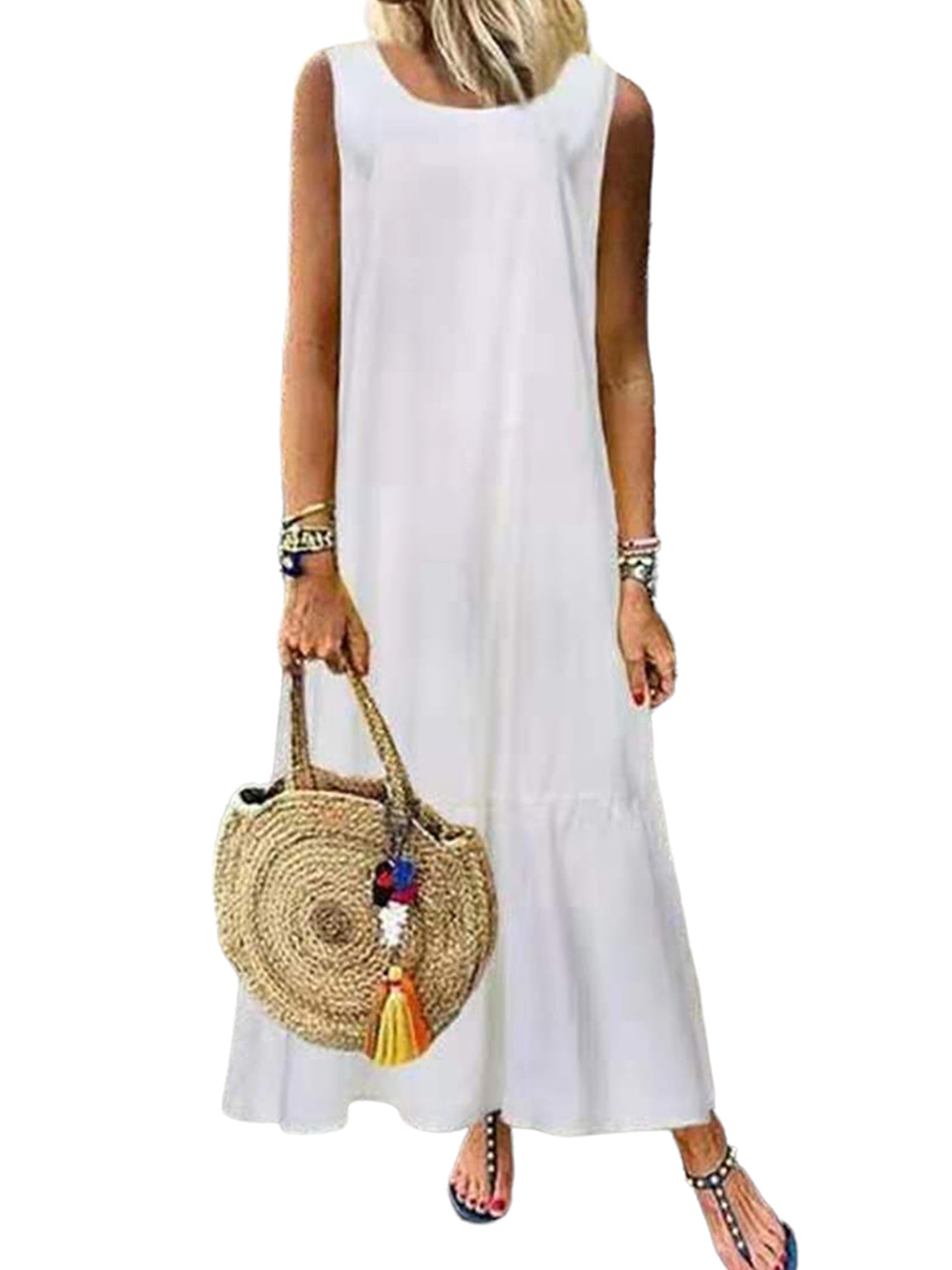 KVMeteor Women Casual Cotton Linen Dress Plain Sleeveless Maxi Long ...