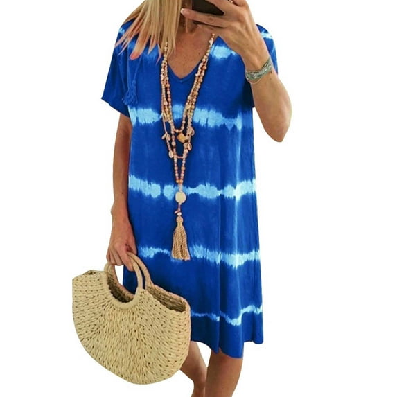 KVMeteor Women Plus Size Summer Tie Dye Print Mini Dress Casual Beach Loose Shirt Dress