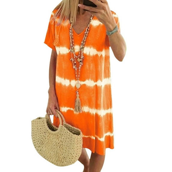 KVMeteor Women Plus Size Summer Tie Dye Print Mini Dress Casual Beach Loose Shirt Dress