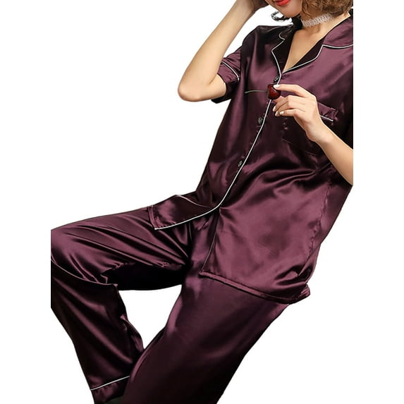 KVMeteor Women Sleepwear Satin Silk Pajamas Loungewear 2 Piece Set