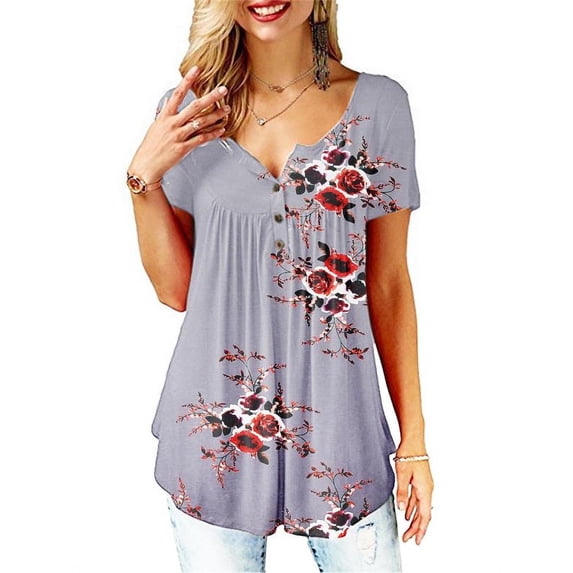 KVMeteor Women's Henley V-Neck Casual Blouse Pleated Button Tunic Shirt Top