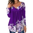 thumbnail image 1 of KVMeteor Womens Floral Henley V-Neck Long Sleeve Casual Blouse Pleated Button Tunic Shirt Top, 1 of 4