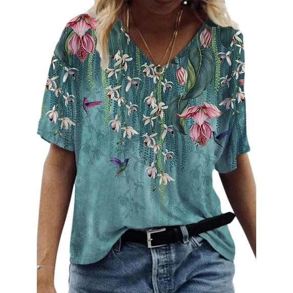 KVMeteor Womens Floral Tops Short Sleeve V Neck T Shirt Tunic Top