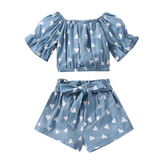 KVPLBQFD 2 Piece Set for Girls Off Shoulder Ruffle Trim Short Sleeve Elastic Waist Bowknot Shorts Outfit Kids Trendy Heart Print Sets Toddler Summer Clothes