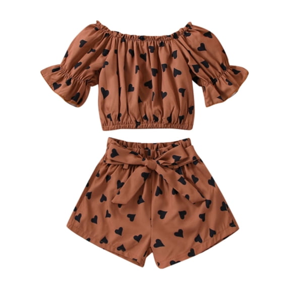 KVPLBQFD 2 Piece Set for Girls Off Shoulder Ruffle Trim Short Sleeve Elastic Waist Bowknot Shorts Outfit Kids Trendy Heart Print Sets Toddler Summer Clothes
