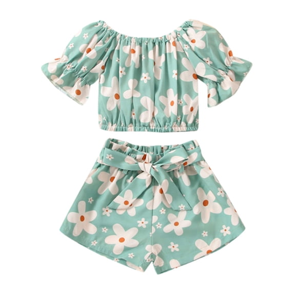 KVPLBQFD 2 Piece Set for Girls Off Shoulder Ruffle Trim Short Sleeve Elastic Waist Bowknot Shorts Outfit Kids Trendy Heart Print Sets Toddler Summer Clothes