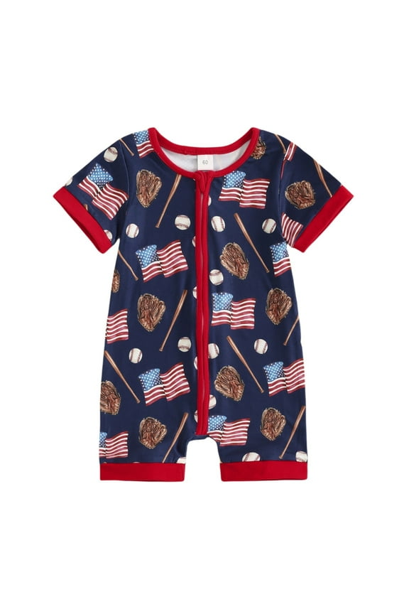 Baby Boy Jumpsuit Boys Independence Long Sleeve Onesies 6-9 Months Day Summer Baseball Print Zip up Bodysuit Short Crawl Clothes for Girls 12-14