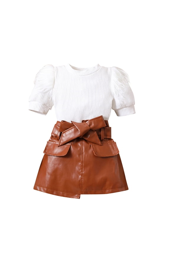 Baby Girls Summer 2 Piece Set Little Kids PU Leather Bowknot Casual Ruched Short Skirt Matching Puff Sleeve Tee Shirt Outfits Toddler Cute Clothes