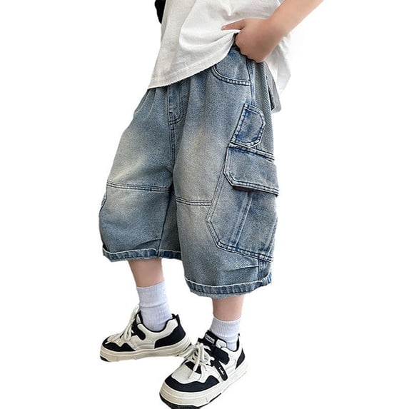 KVPLBQFD Baggy Jean for Boys Y2k Cargo Denim Shorts Elastic Waist Distressed Jorts for Teens Aesthetic Casual Streetwear Boys Summer Clothes
