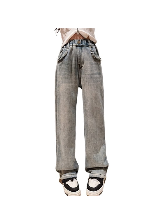 Baggy Jeans for Girls Straight Leg Y2k 90s Vintage Denim Pants Kids Hip Hop Loose Fit Trousers Girl Cute Preppy Clothes