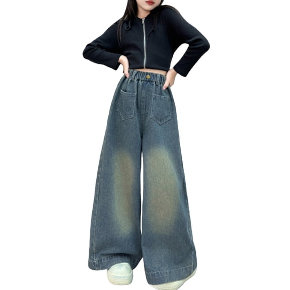 KVPLBQFD Baggy Jeans for Girls Wide Leg Denim Pants Teens Y2k 90s Vintage Jeans Kids Hip Hop Loose Fit Trousers Streetwear