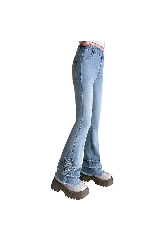 Bell Bottom for Girls Frayed Hem Jeans with Bow Print Kids Straight Wide Leg Denim Pants Summer Trendy Flare Trousers for Teens