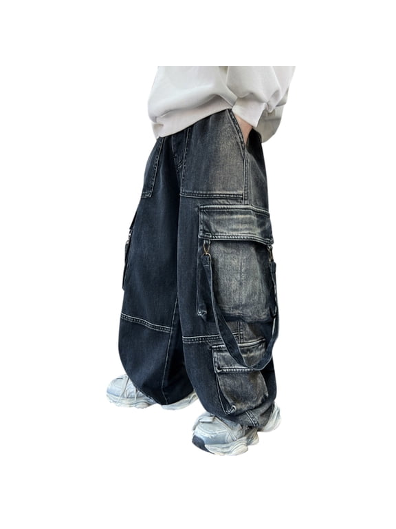 Boys Cargo Jeans Steampunk Patchwork Goth Baggy Denim Pants for Kids Trendy Flap Pockets Trousers Teens Vintage Skateboard Streetwear