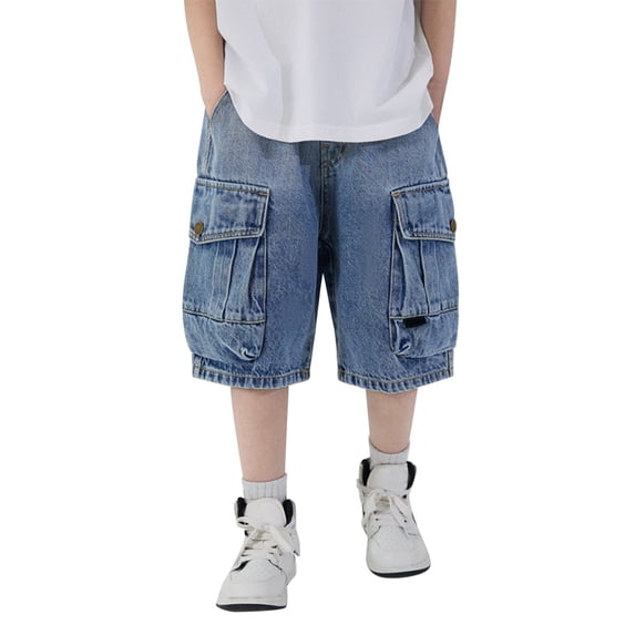 KVPLBQFD Cargo Denim Shorts for Boys Blue Washed Baggy Jeans Shorts with Big Flap Pockets Trendy Lightweight Jorts for Teens Summer Streetwear