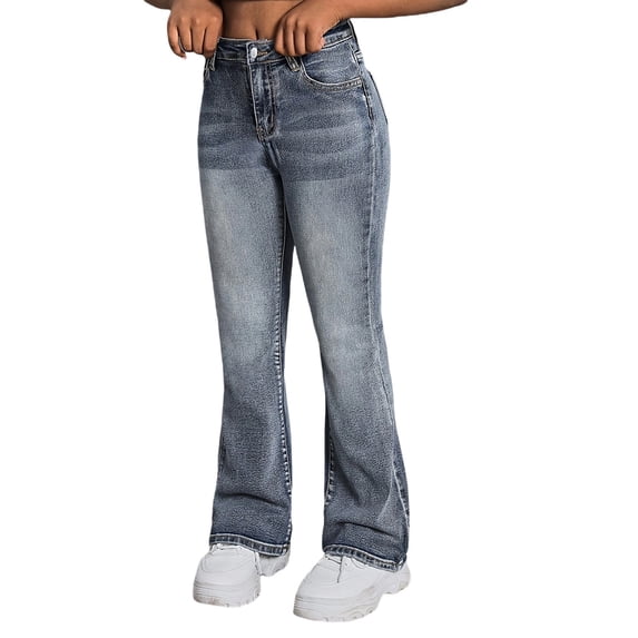 KVPLBQFD Flare Jeans for Girls Retro Western Denim Pants Kids Cute Bell Bottom Teens Stretch Boot Cut Pants Y2K Streetwear with Pockets