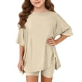 thumbnail image 1 of KVPLBQFD Girls 2 Piece Summer Outfits Kids Oversized Side Split Short Sleeve Shirts Matching Biker Shorts Lounge Set Indoor Lightweight Teen Girl Clothes, 1 of 6
