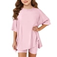 thumbnail image 1 of KVPLBQFD Girls 2 Piece Summer Outfits Kids Oversized Side Split Short Sleeve Shirts Matching Biker Shorts Lounge Set Indoor Lightweight Teen Girl Clothes, 1 of 6