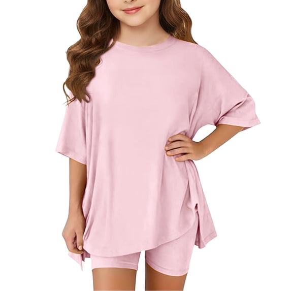 KVPLBQFD Girls 2 Piece Summer Outfits Kids Oversized Side Split Short Sleeve Shirts Matching Biker Shorts Lounge Set Indoor Lightweight Teen Girl Clothes
