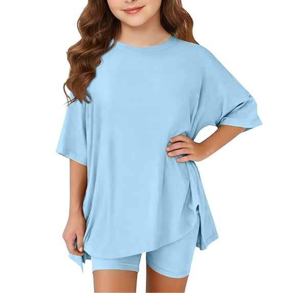 KVPLBQFD Girls 2 Piece Summer Outfits Kids Oversized Side Split Short Sleeve Shirts Matching Biker Shorts Lounge Set Indoor Lightweight Teen Girl Clothes