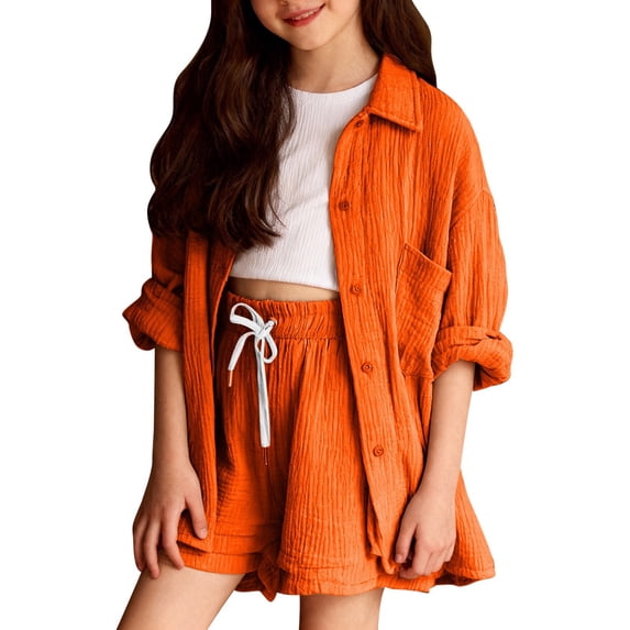 KVPLBQFD Girls Casual 2 Piece Outfit Long Sleeve Button Shirts Matching High Waist Drawstring Shorts Sets for Kids Beach Vacation Summer Outfits Trendy Teen Girl Clothes