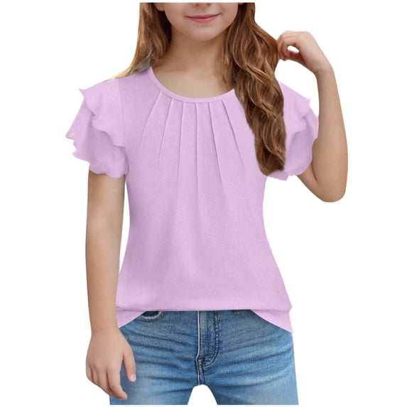 KVPLBQFD Girls Casual Tops Work Blouses Summer Dressy Shirts for Teen Girl Crew Neck Ruflle Short Sleeve Tee Tweens Fashion Vacation Beach Top