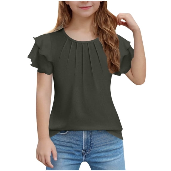 KVPLBQFD Girls Casual Tops Work Blouses Summer Dressy Shirts for Teen Girl Crew Neck Ruflle Short Sleeve Tee Tweens Fashion Vacation Beach Top