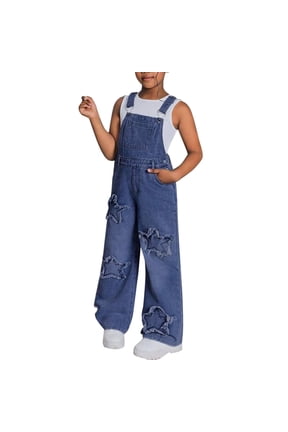 Girls Denim Overalls Straight Wide Leg Jeans for Kids Adjustable Straps Pants Tweens Trendy Patch Star Baggy Jumpsuit Boyfriend Style Trousers for Teens