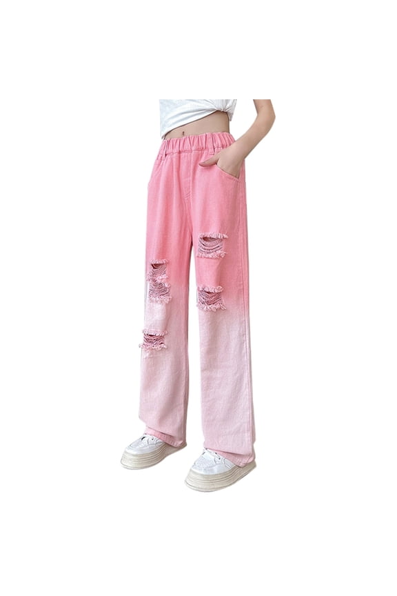 Girls Ripped Baggy Jeans Kids Candy Colors High Rise Denim Pants Teens Elastic Waist Wide Leg Pants Loose Fit Summer Clothes