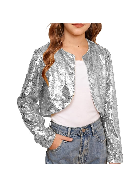 Girls Shiny Sequin Jacket Long Sleeve Open Front Jackets Outerwear for Kids Party Sparkly Cropped Coat Tops Teens Fashion Clothes