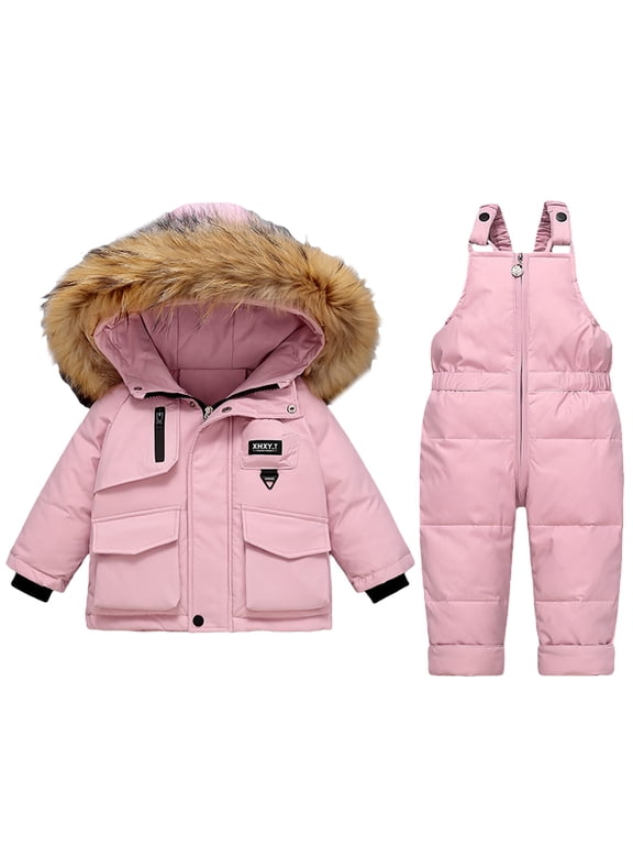 Girls Snowsuit Toddler Kids Girls Hooded Faux Fur Puffer Jacket and Suspender Bib Set Warm Winter Ski Wear Infant Snowsuit Windproof Cold Weather Outwear