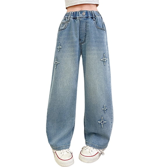 KVPLBQFD Girls Straight Leg Jeans Kids Y2K Star Applique Denim Pants Teens Casual Elastic Waist Jeggings Pants with Pockets