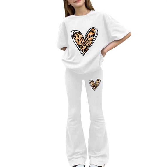 KVPLBQFD Girls Summer 2 Piece Outfit Heart Embellished Short Sleeve Top + Stretchy Flared Pants Set for Teens Girl Fashion Vacation Travel Clothes