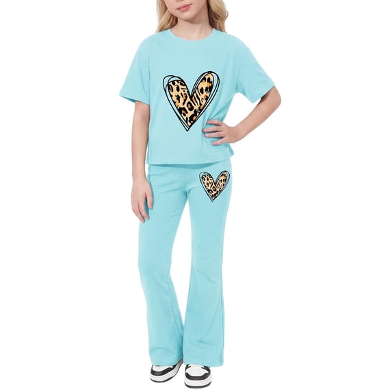 KVPLBQFD Girls Summer 2 Piece Outfit Heart Embellished Short Sleeve Top + Stretchy Flared Pants Set for Teens Girl Fashion Vacation Travel Clothes
