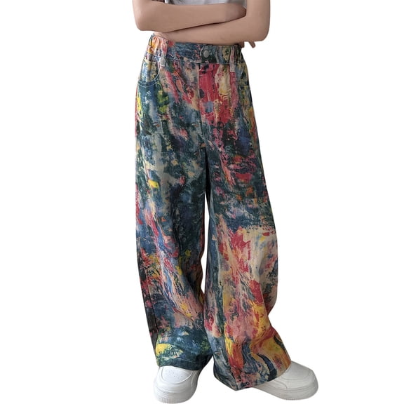 KVPLBQFD Girls Wide Leg Jeans Tie Dye High Waisted Denim Pants Kids Baggy Fit Elastic Waist Trousers Teens Y2K Street Style Lounge Pants