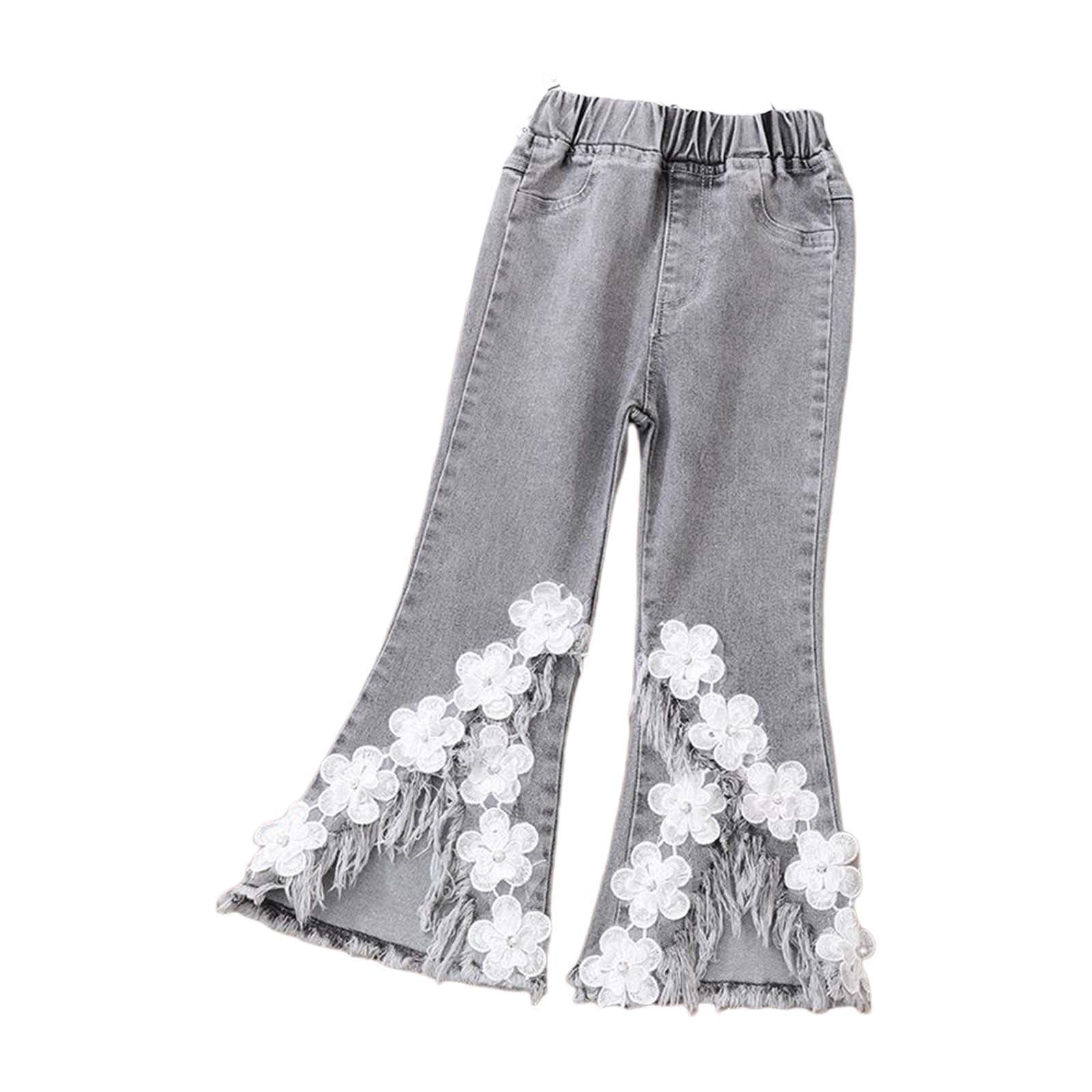KVPLBQFD Kids Flare Jeans Flower Decoration Denim Pants for Girls