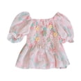 thumbnail image 1 of KVPLBQFD Little Girls Casual Tops Fashion Square Neck Smocked Peplum Tops for Kids Puff Short Sleeve Babydoll Shirred Top Toddler Colorful Clothes, 1 of 7
