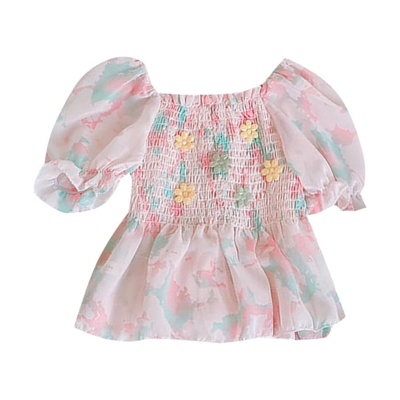KVPLBQFD Little Girls Casual Tops Fashion Square Neck Smocked Peplum Tops for Kids Puff Short Sleeve Babydoll Shirred Top Toddler Colorful Clothes