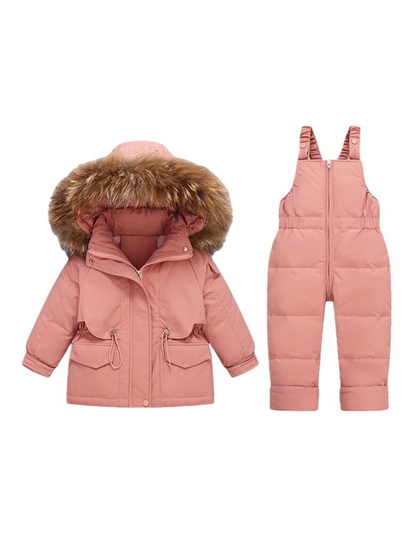 Toddler Girl Outfits Infant Kids Girls Hooded Fur Trim Puffer Coat and Bib Overalls Set Warm Winter Ski Suit Baby Snow Suit Windproof Outdoor Wear