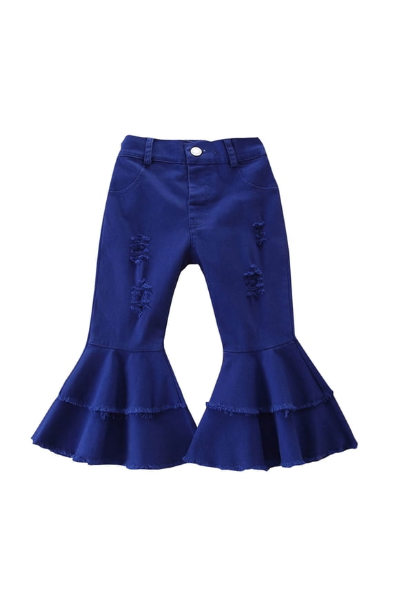 Toddlers Ripped Jeans Two Layer Ruffle Flare Denim Pants for Kids Solid Raw Hem Bell Bottom Kid Girls Trendy Summer Clothes