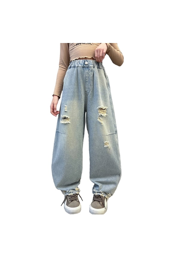 Toddlers Ripped Straight Leg Jeans Raw Edge Denim Pants Kids Elastic Waist Jeans with Pockets Tween Girls Comfortable Casual Trousers